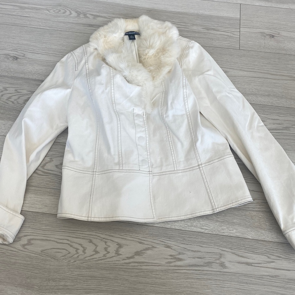 white furred neck jean material jacket
